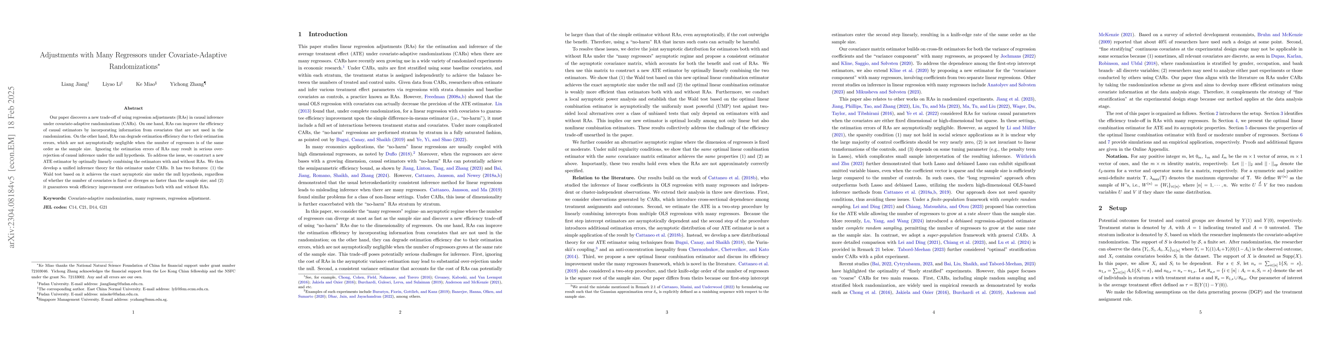 Thumbnail for Adjustment with Many Regressors Under Covariate-Adaptive Randomizations