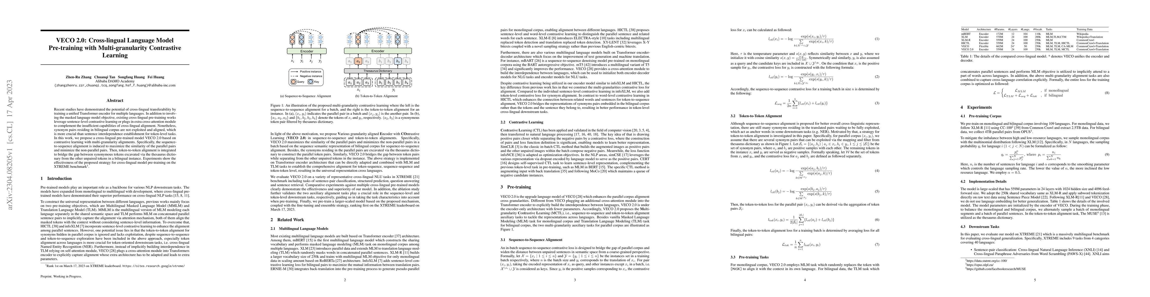 Thumbnail for VECO 2.0: Cross-lingual Language Model Pre-training with
  Multi-granularity Contrastive Learning