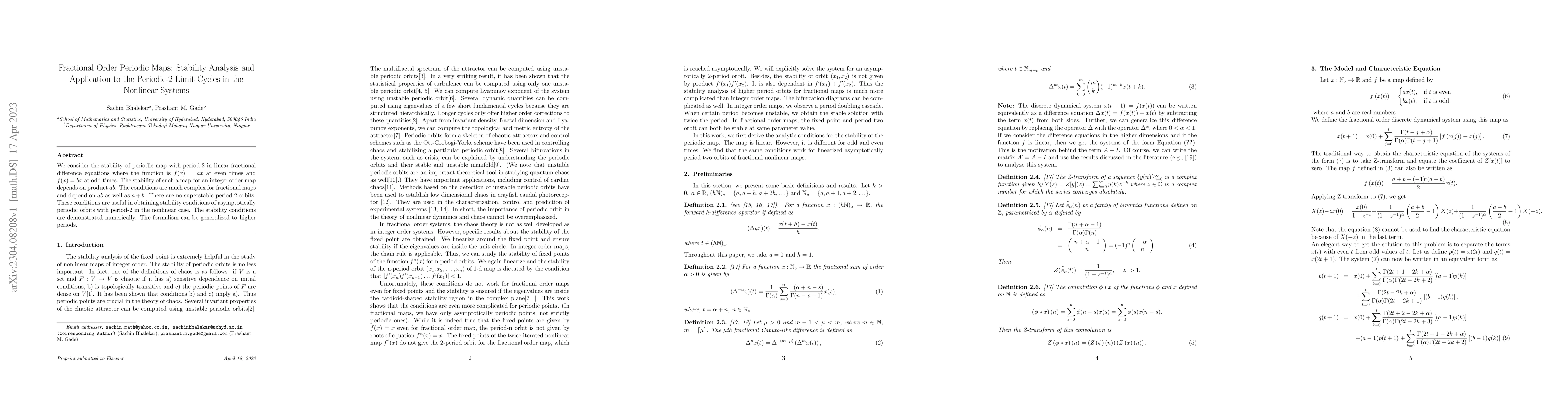 Thumbnail for Fractional Order Periodic Maps: Stability Analysis and Application to
  the Periodic-2 Limit Cycles in the Nonlinear Systems