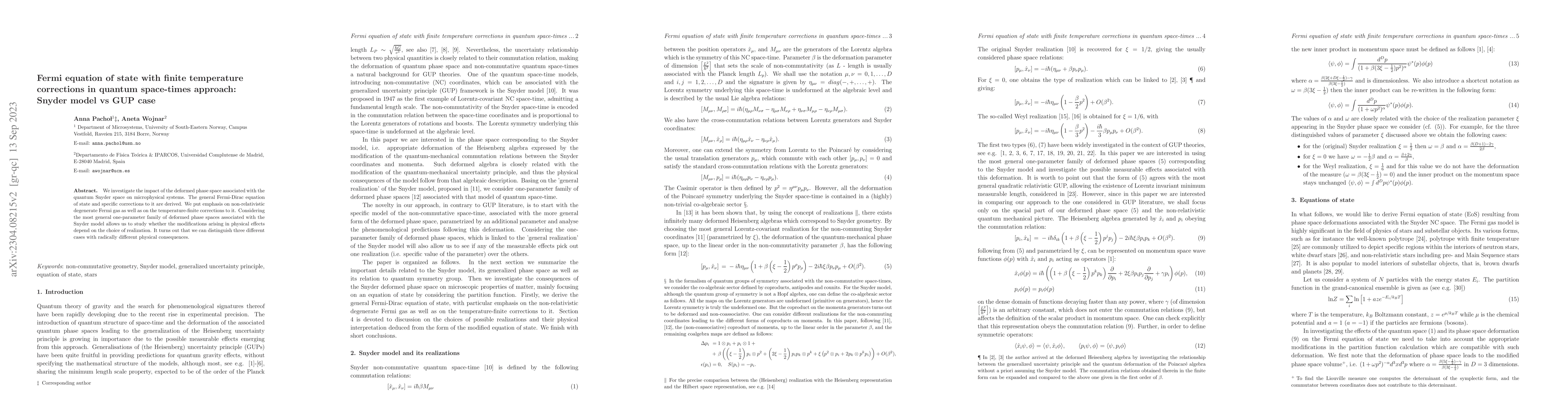 Thumbnail for Fermi equation of state with finite temperature corrections in quantum
  space-times approach: Snyder model vs GUP case