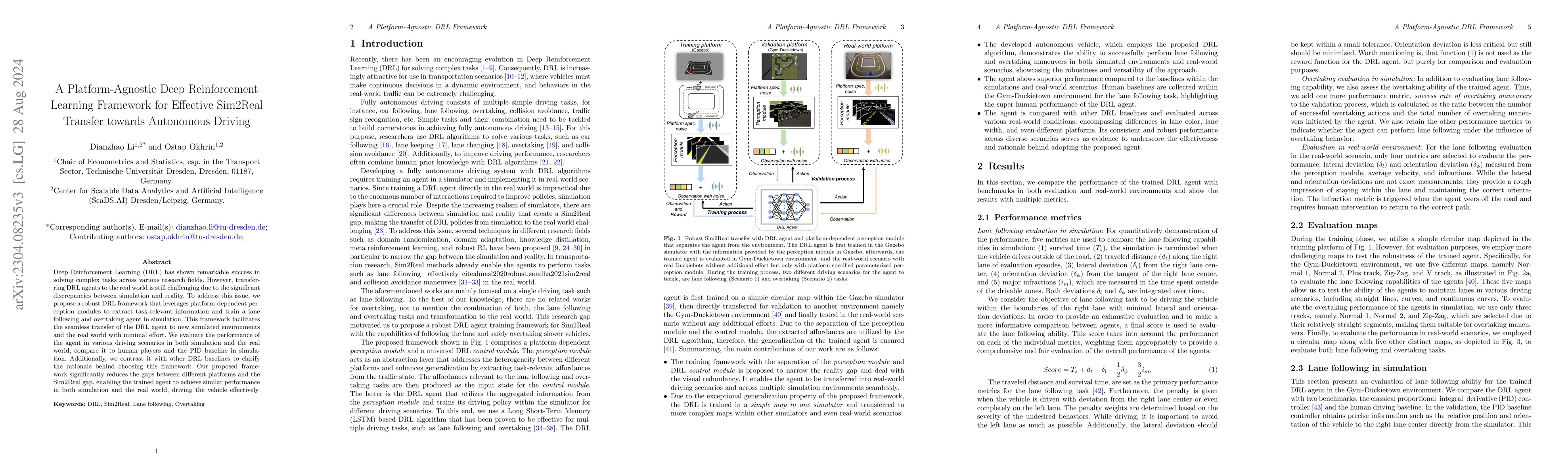 Thumbnail for A Platform-Agnostic Deep Reinforcement Learning Framework for Effective
  Sim2Real Transfer in Autonomous Driving