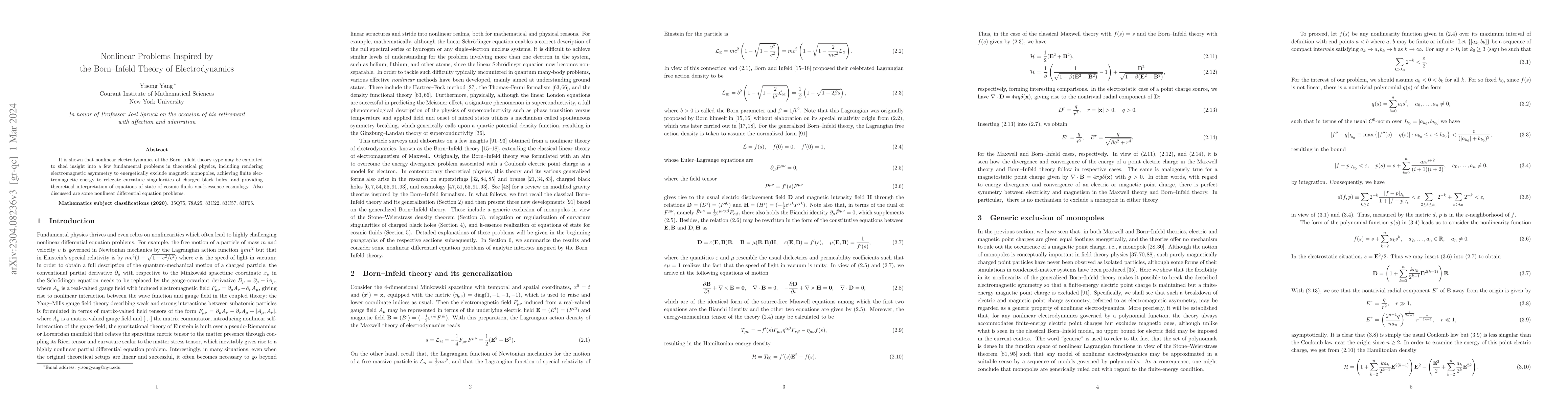 Thumbnail for Nonlinear Problems Inspired by the Born--Infeld Theory of
  Electrodynamics