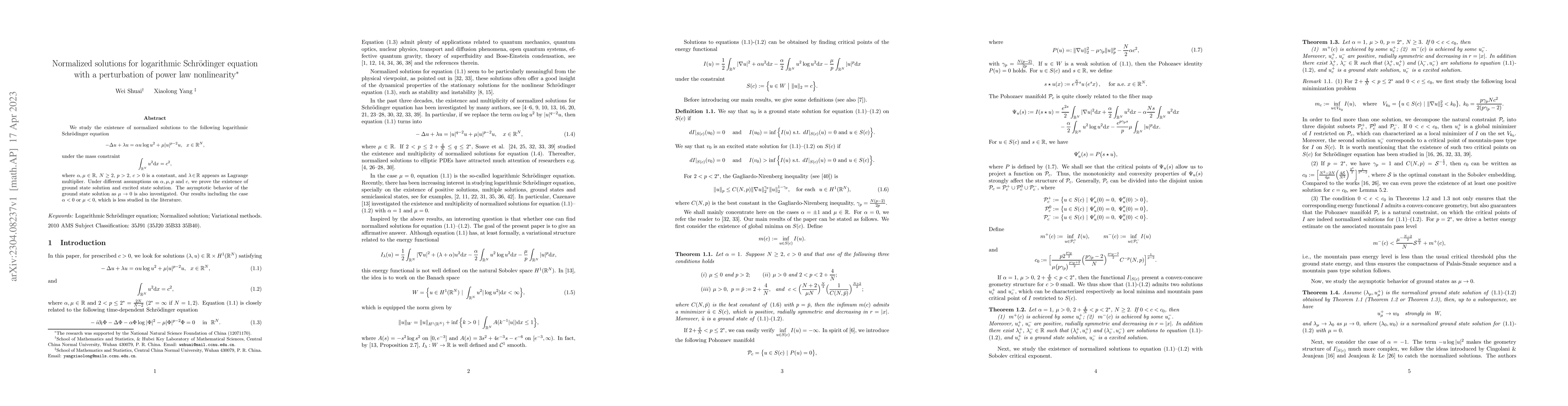 Thumbnail for Normalized solutions for logarithmic Schr\"{o}dinger equation with a
  perturbation of power law nonlinearity
