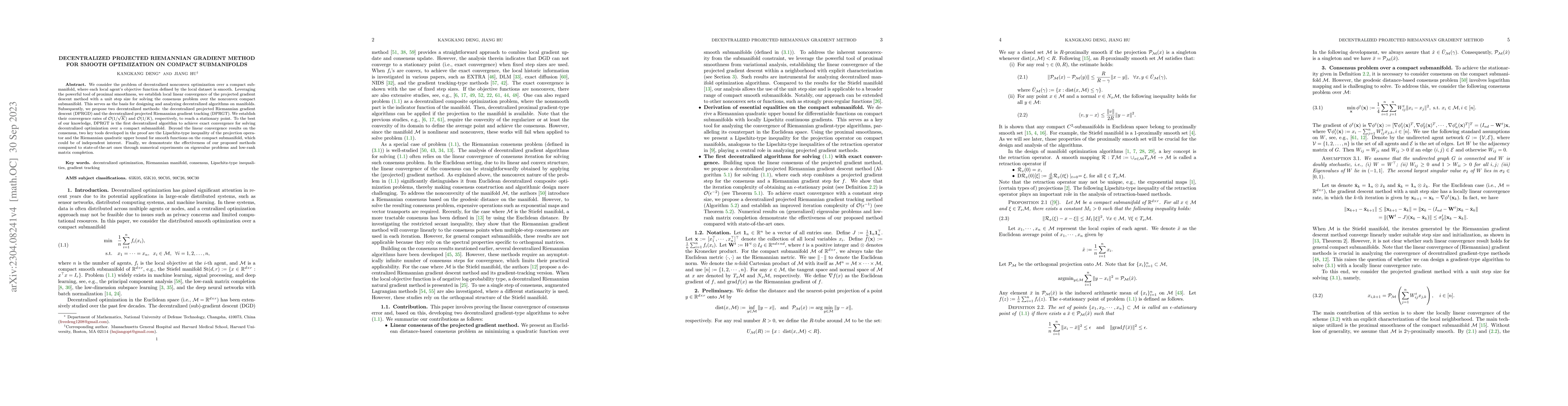 Thumbnail for Decentralized projected Riemannian gradient method for smooth
  optimization on compact submanifolds