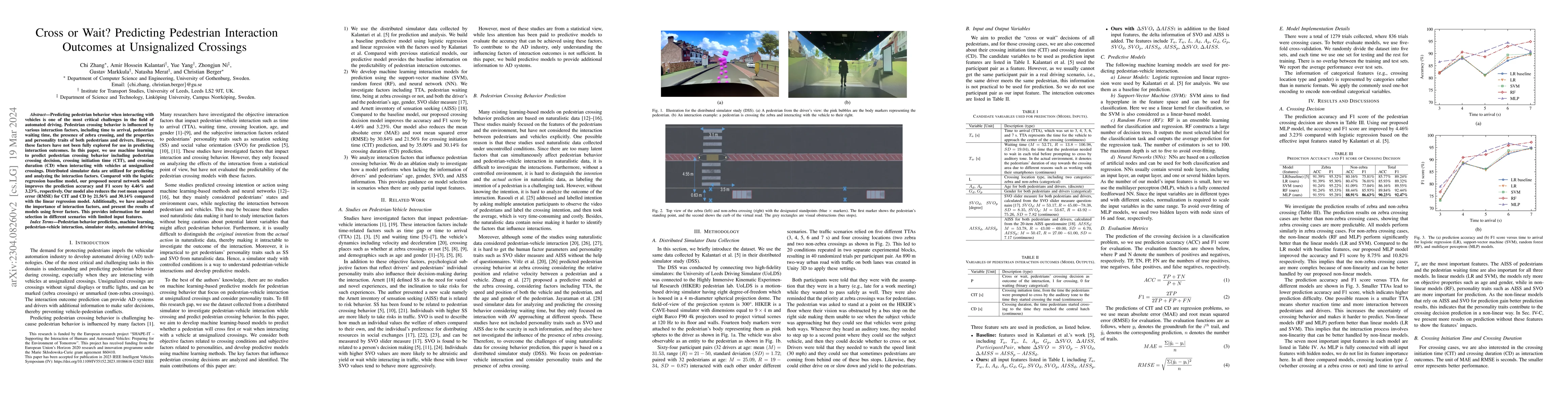 Thumbnail for Cross or Wait? Predicting Pedestrian Interaction Outcomes at
  Unsignalized Crossings