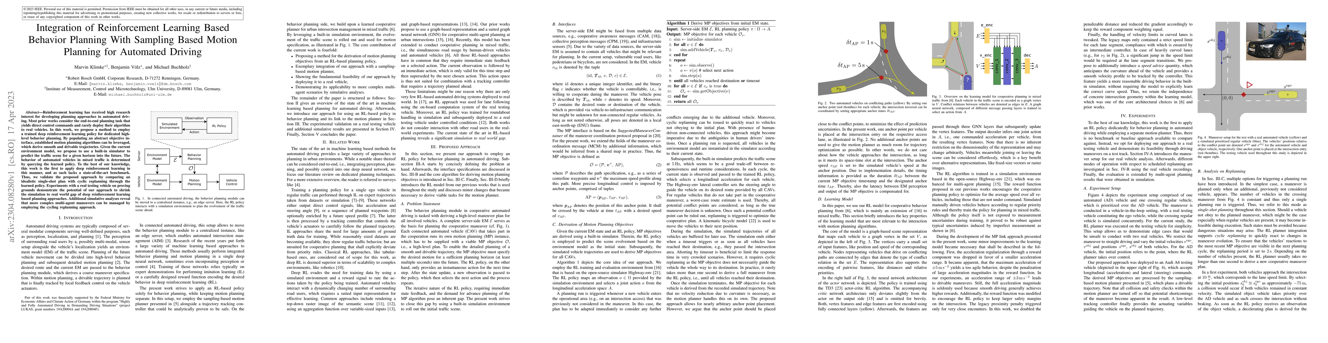 Thumbnail for Integration of Reinforcement Learning Based Behavior Planning With
  Sampling Based Motion Planning for Automated Driving