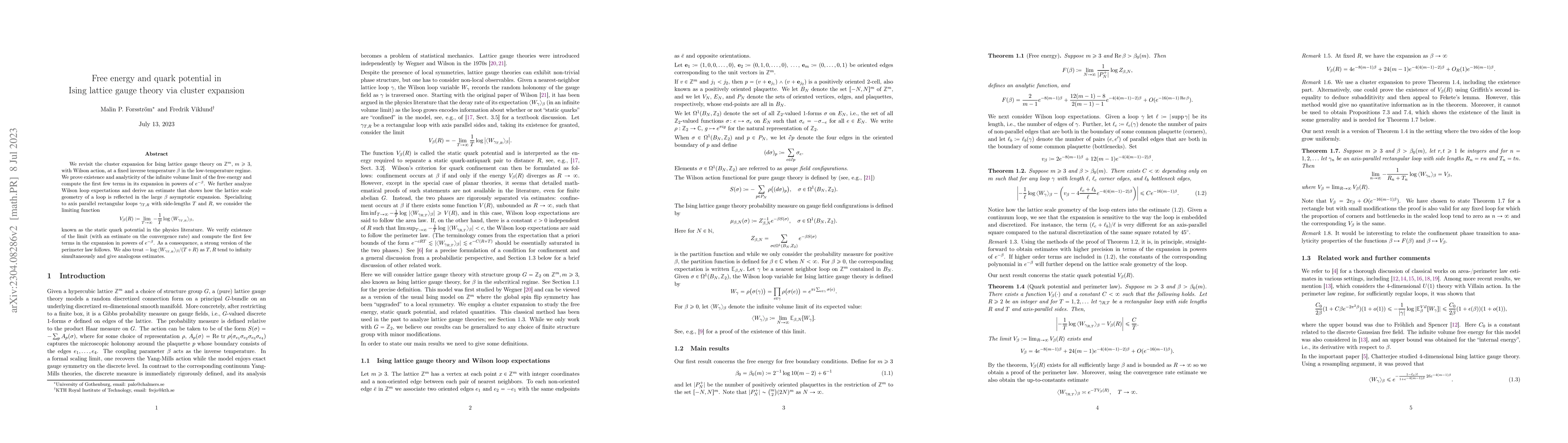 Thumbnail for Free energy and quark potential in Ising lattice gauge theory via
  cluster expansion