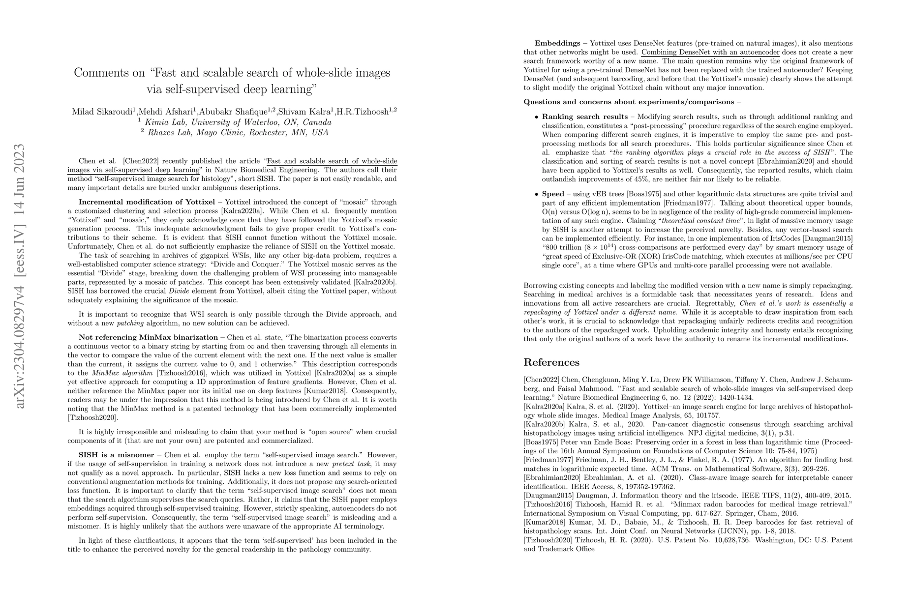 Thumbnail for Comments on 'Fast and scalable search of whole-slide images via
  self-supervised deep learning'