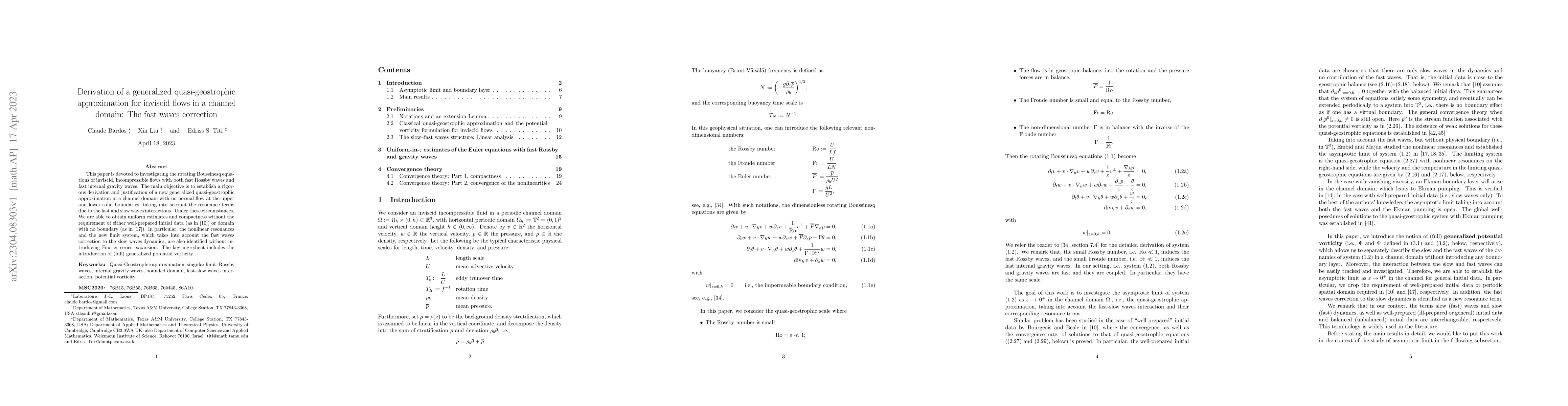 Thumbnail for Derivation of a generalized quasi-geostrophic approximation for inviscid
  flows in a channel domain: The fast waves correction
