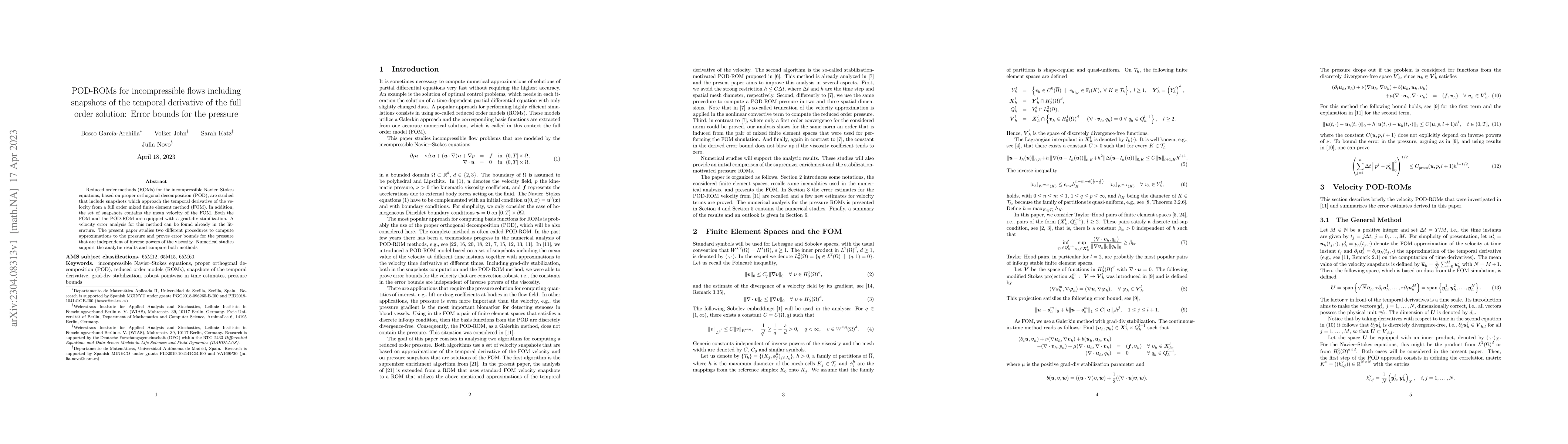 Thumbnail for POD-ROMs for incompressible flows including snapshots of the temporal
  derivative of the full order solution: Error bounds for the pressure