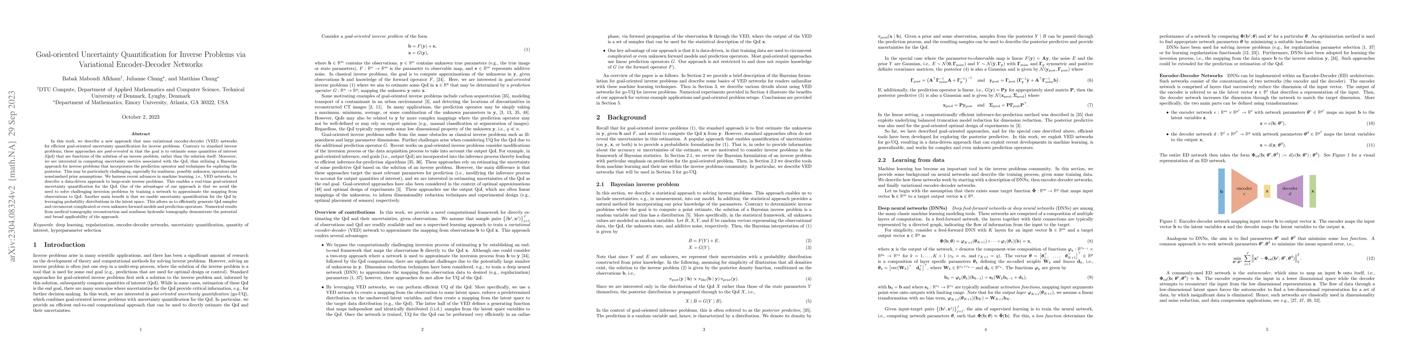 Thumbnail for Goal-oriented Uncertainty Quantification for Inverse Problems via
  Variational Encoder-Decoder Networks