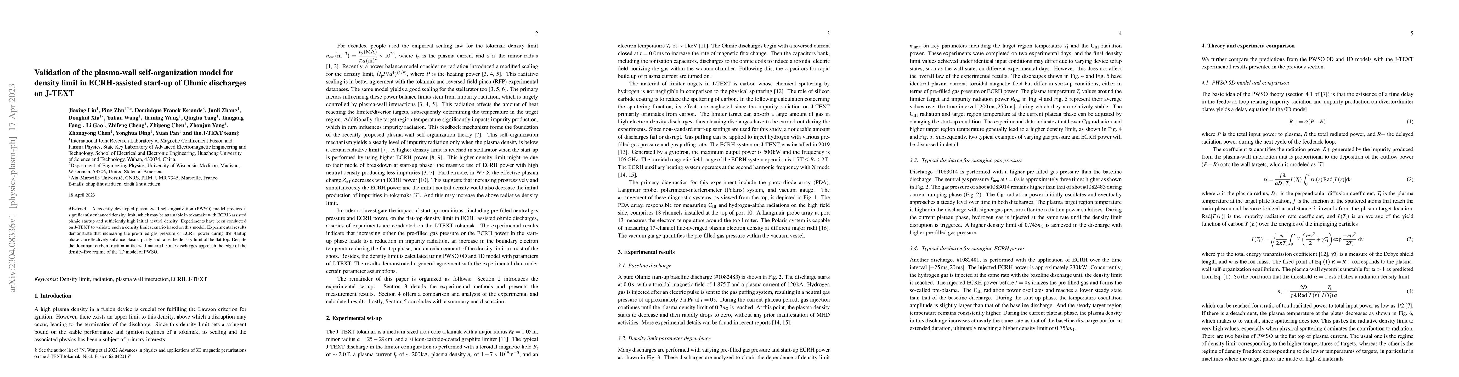 Thumbnail for Validation of the plasma-wall self-organization model for density limit
  in ECRH-assisted start-up of Ohmic discharges on J-TEXT