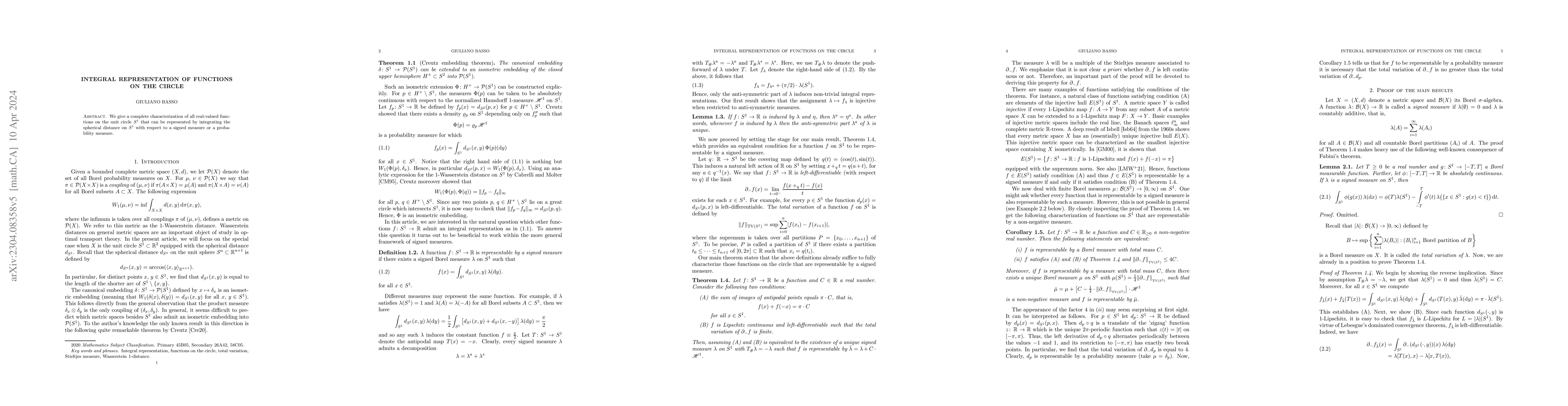 Thumbnail for Integral representation of functions on the circle