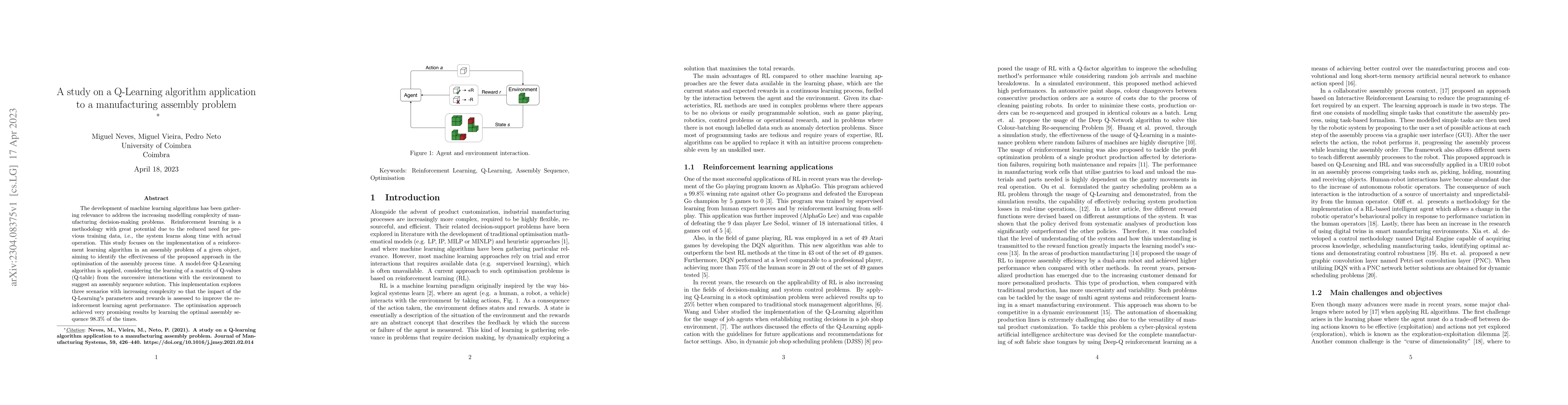 Thumbnail for A study on a Q-Learning algorithm application to a manufacturing
  assembly problem