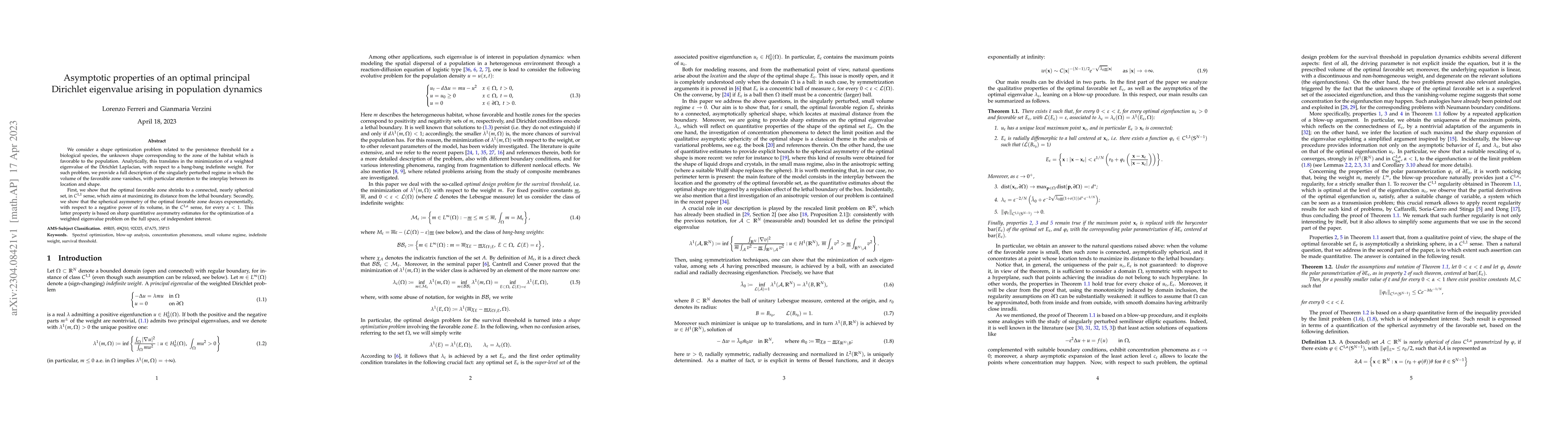 Thumbnail for Asymptotic properties of an optimal principal Dirichlet eigenvalue
  arising in population dynamics