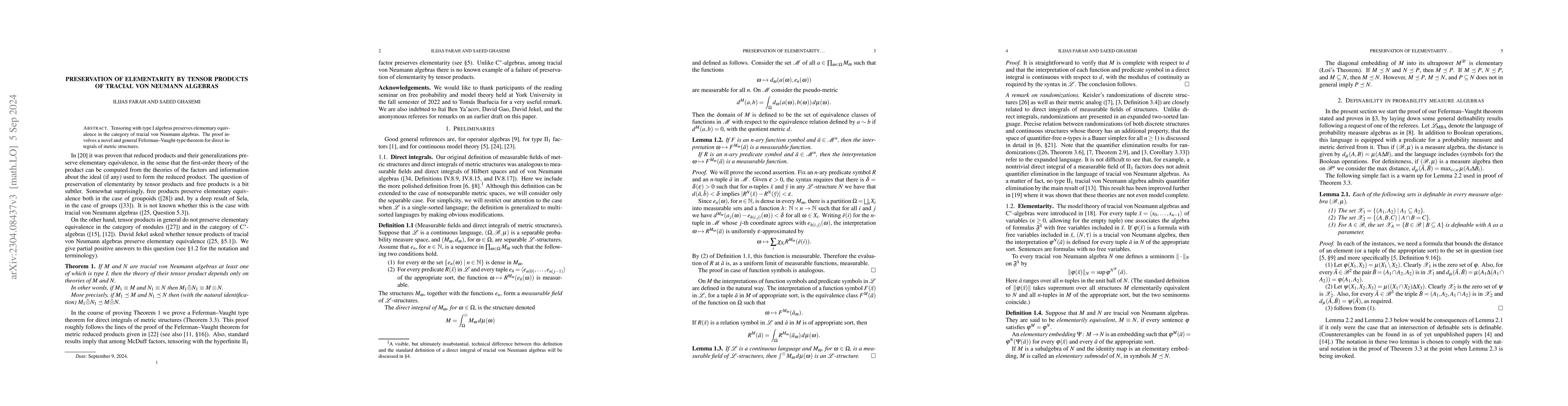 Thumbnail for Preservation of elementarity by tensor products of tracial von Neumann
  algebras