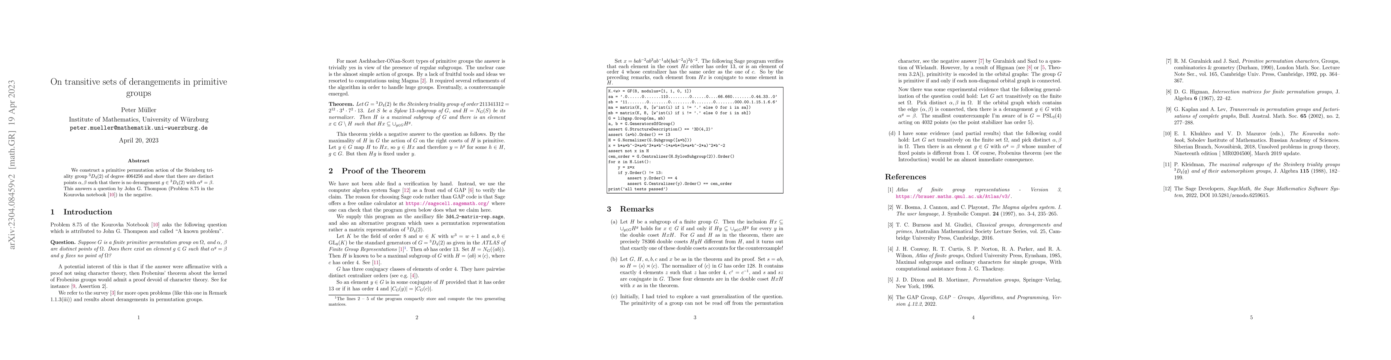 Thumbnail for On transitive sets of derangements in primitive groups