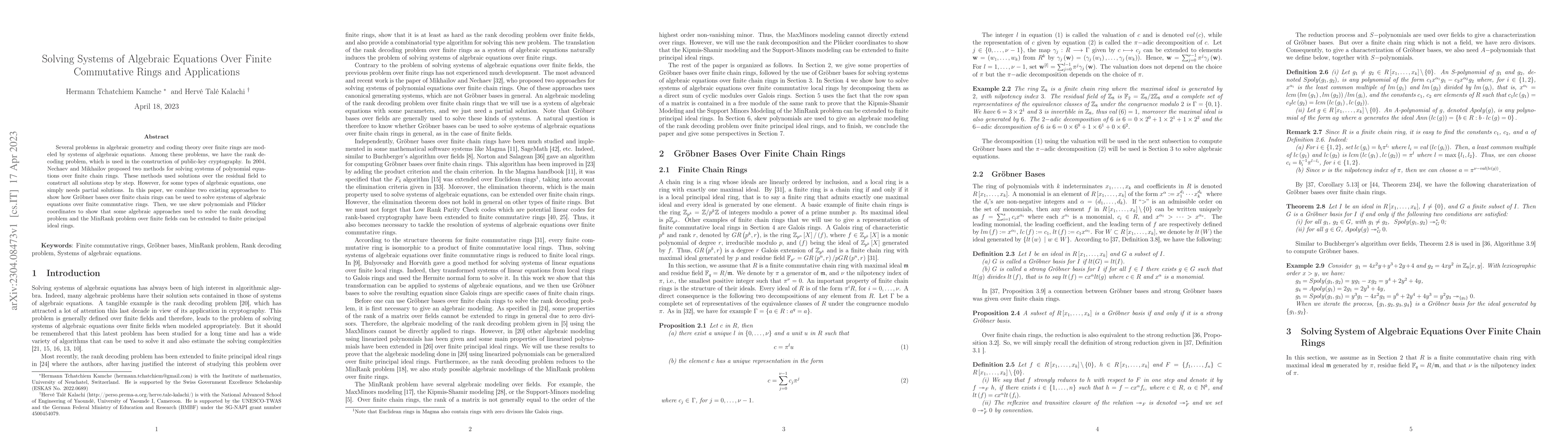 Thumbnail for Solving Systems of Algebraic Equations Over Finite Commutative Rings and
  Applications