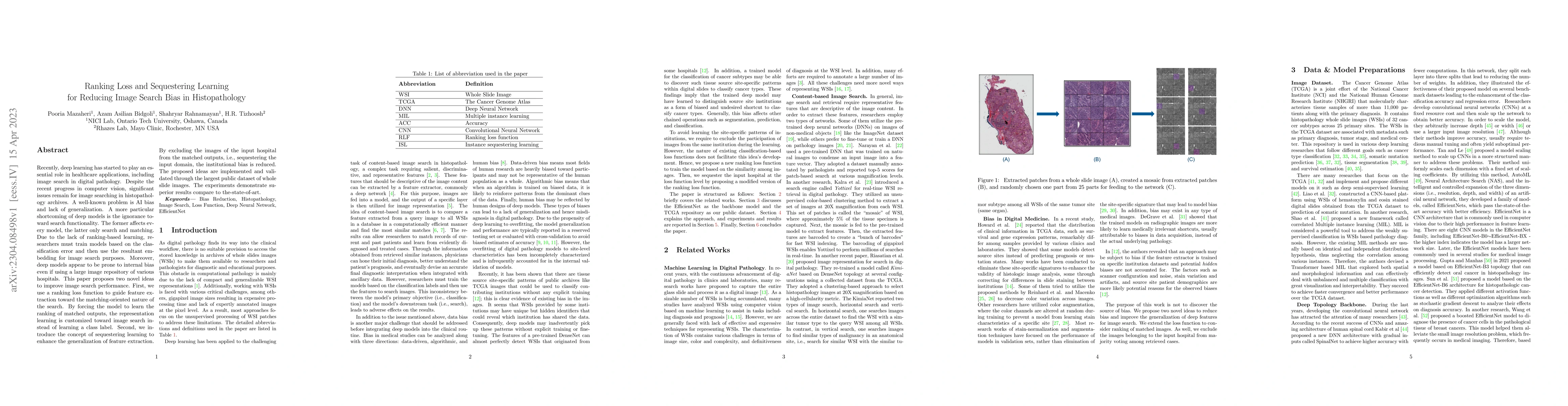 Thumbnail for Ranking Loss and Sequestering Learning for Reducing Image Search Bias in
  Histopathology
