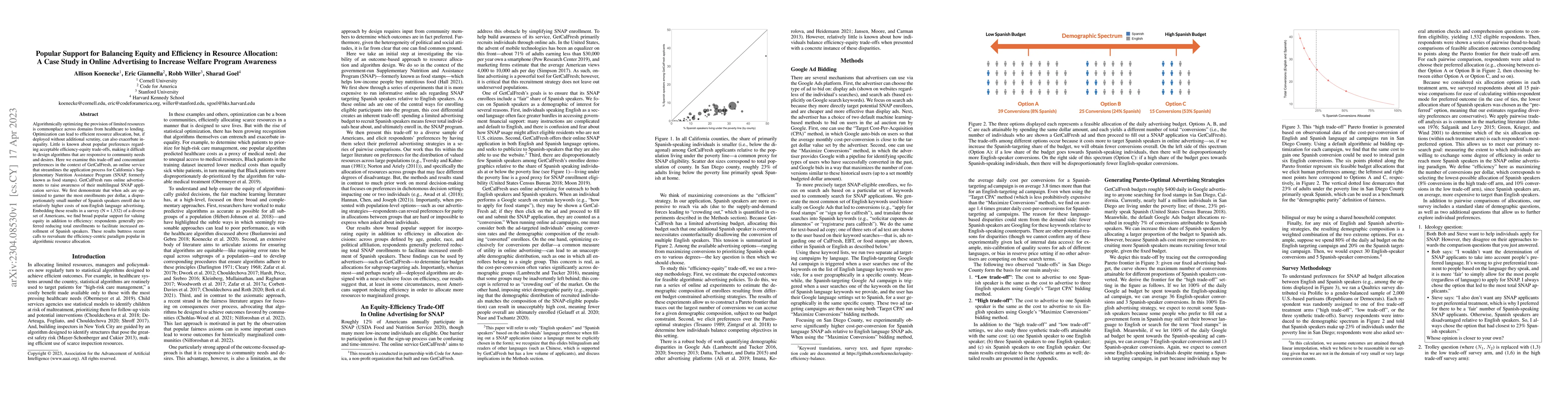 Thumbnail for Popular Support for Balancing Equity and Efficiency in Resource
  Allocation: A Case Study in Online Advertising to Increase Welfare Program
  Awareness