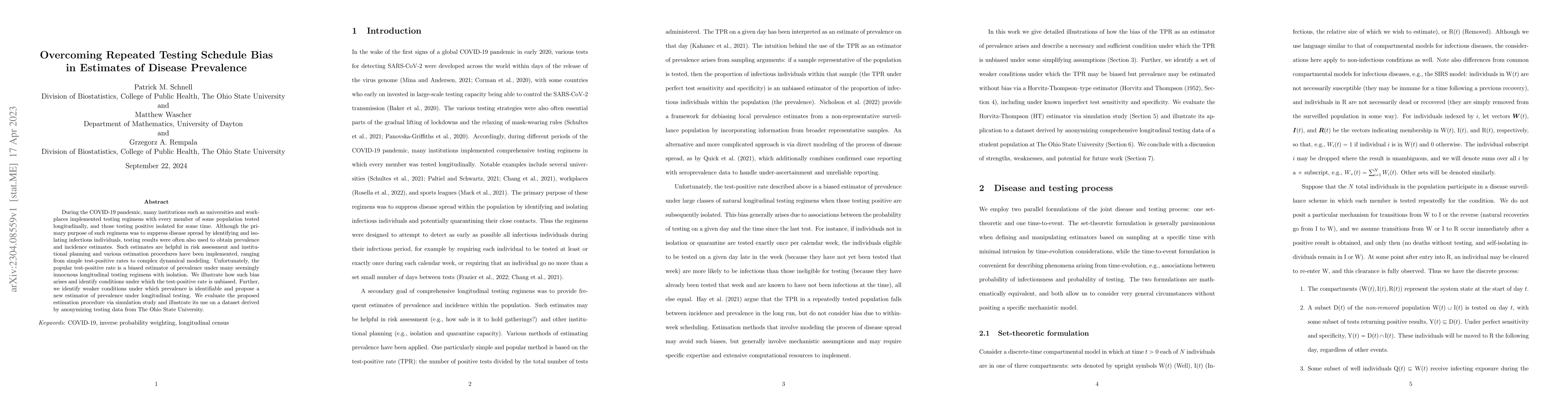 Thumbnail for Overcoming Repeated Testing Schedule Bias in Estimates of Disease
  Prevalence
