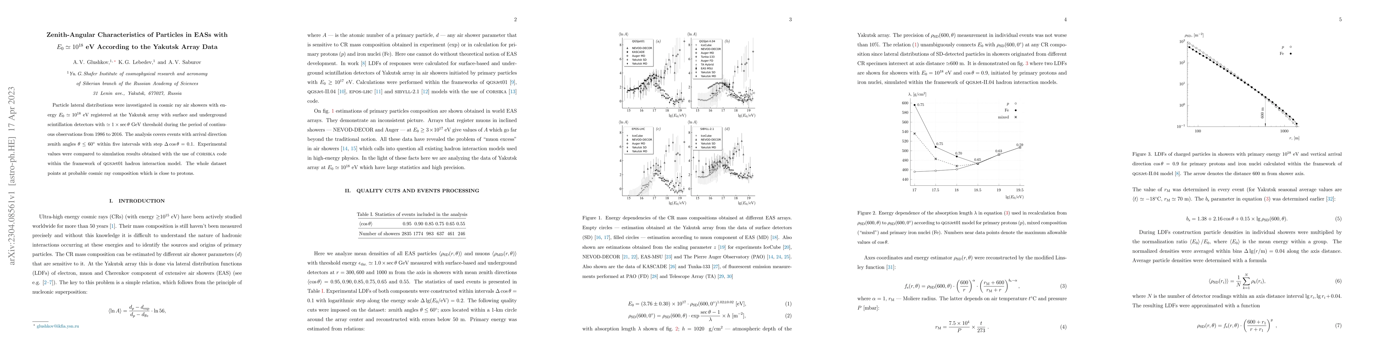 Thumbnail for Zenith-Angular Characteristics of Particles in EASs with $E_0 \simeq
  10^{18}$ eV According to the Yakutsk Array Data