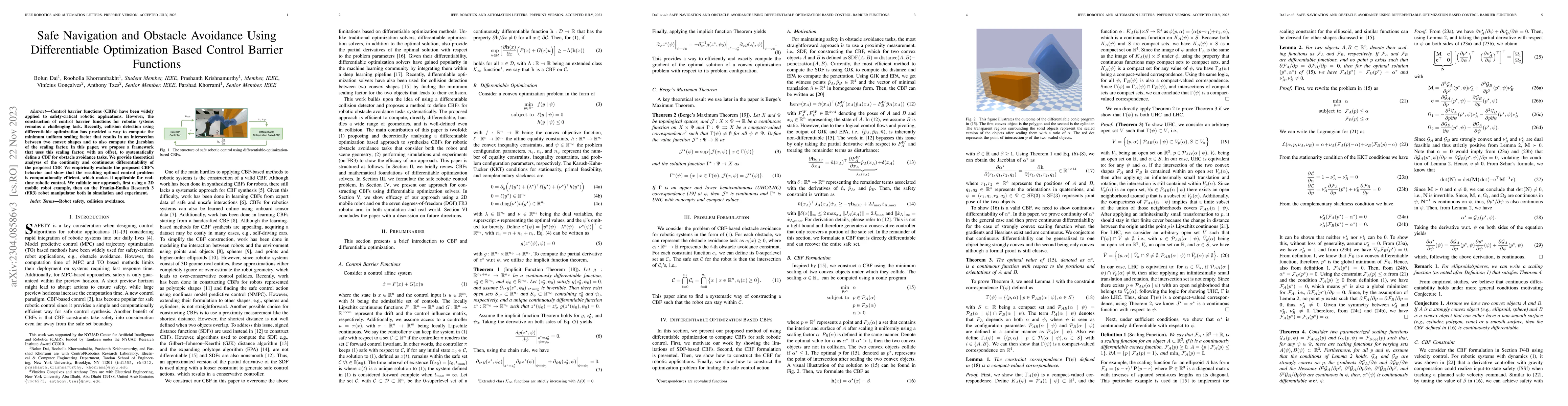 Thumbnail for Safe Navigation and Obstacle Avoidance Using Differentiable Optimization
  Based Control Barrier Functions