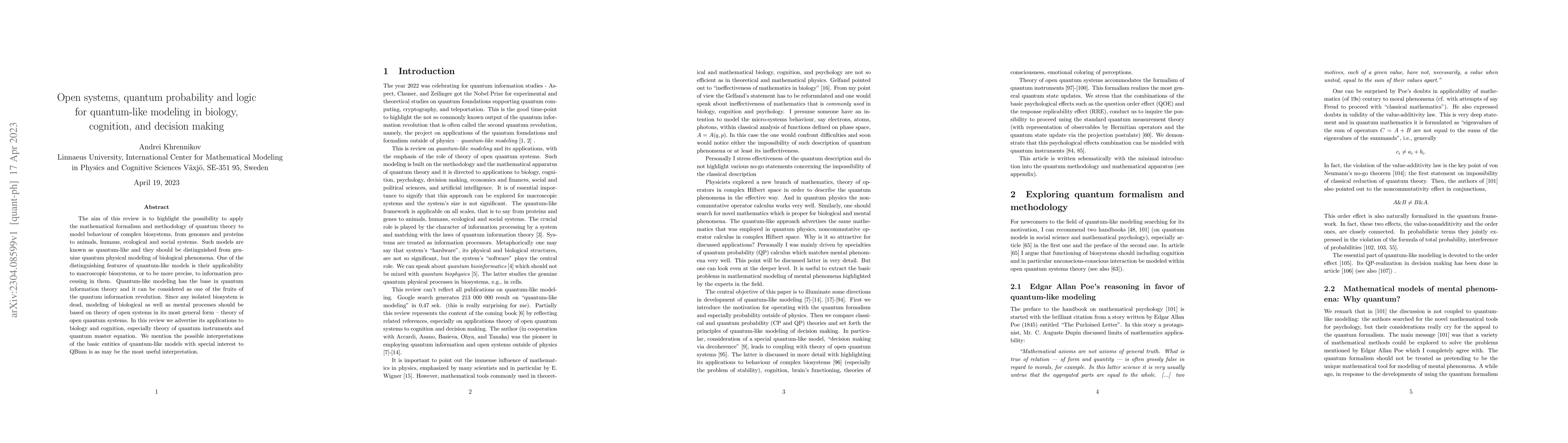 Thumbnail for Open systems, quantum probability and logic for quantum-like modeling in
  biology, cognition, and decision making