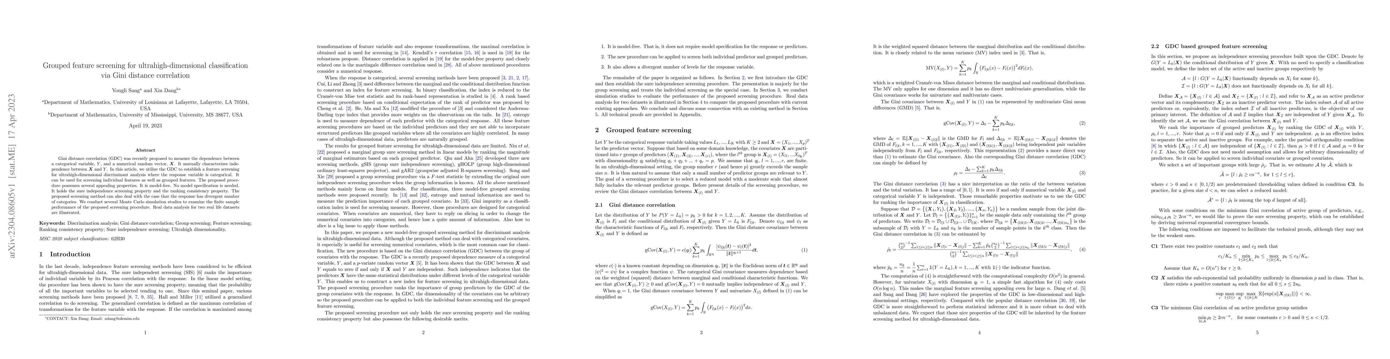 Thumbnail for Grouped feature screening for ultrahigh-dimensional classification via
  Gini distance correlation