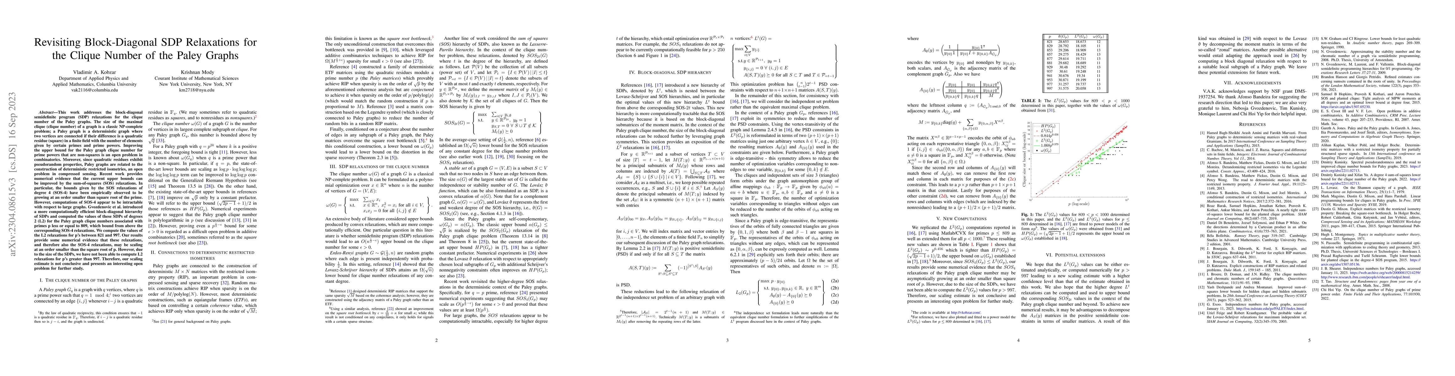 Thumbnail for Revisiting Block-Diagonal SDP Relaxations for the Clique Number of the
  Paley Graphs