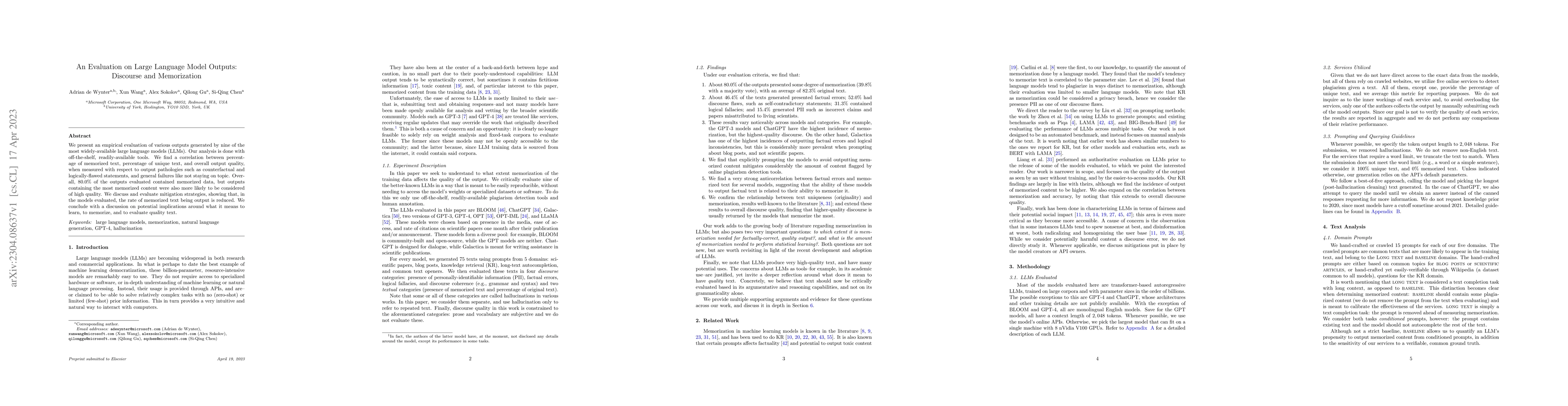 Thumbnail for An Evaluation on Large Language Model Outputs: Discourse and
  Memorization
