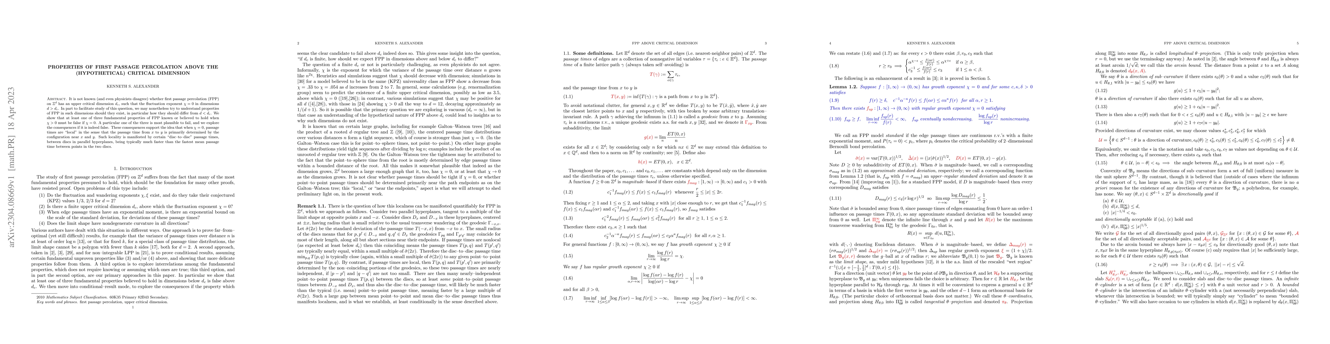 Thumbnail for Properties of first passage percolation above the (hypothetical)
  critical dimension