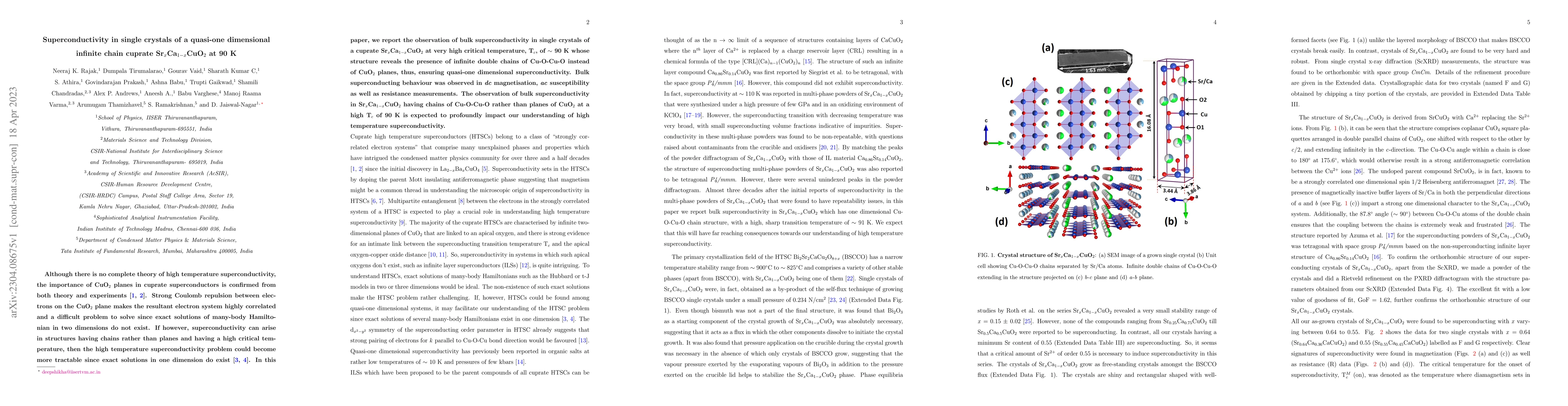 Thumbnail for Superconductivity in single crystals of a quasi-one dimensional infinite
  chain cuprate Sr$_x$Ca$_{1-x}$CuO$_2$ at 90 K