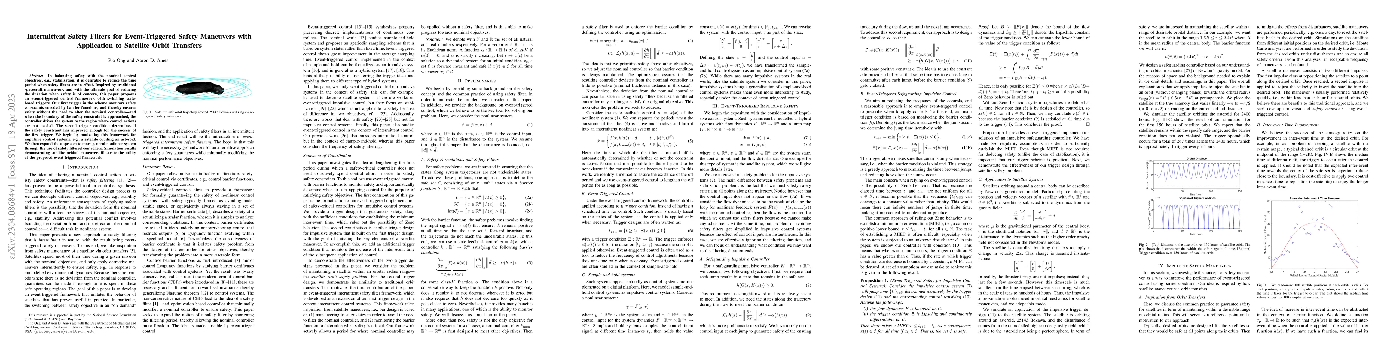 Thumbnail for Intermittent Safety Filters for Event-Triggered Safety Maneuvers with
  Application to Satellite Orbit Transfers
