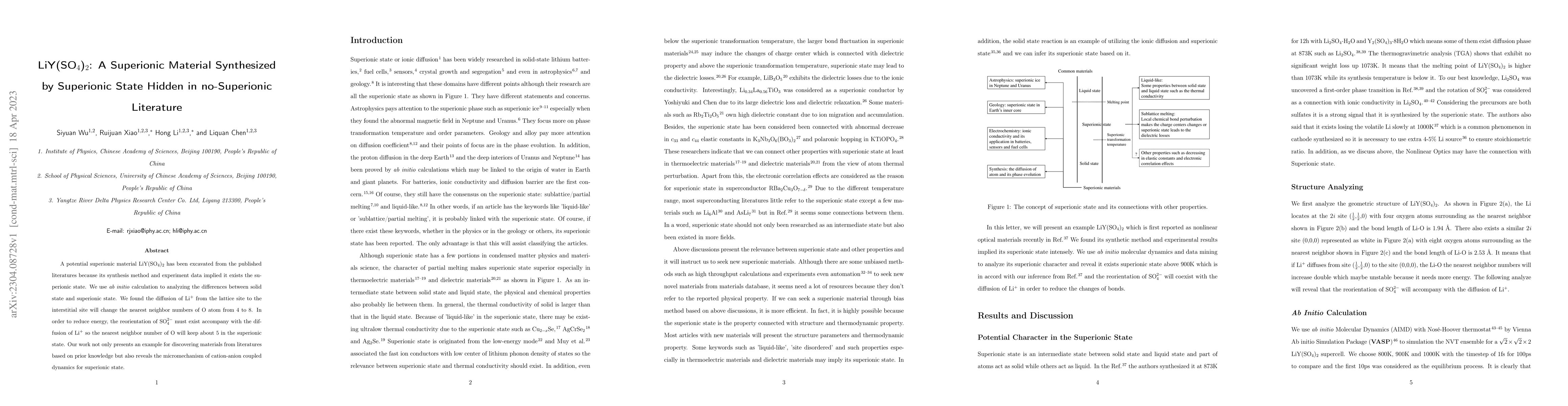 Thumbnail for LiY(SO$_4$)$_2$: A Superionic Material Synthesized by Superionic State
  Hidden in no-Superionic Literature