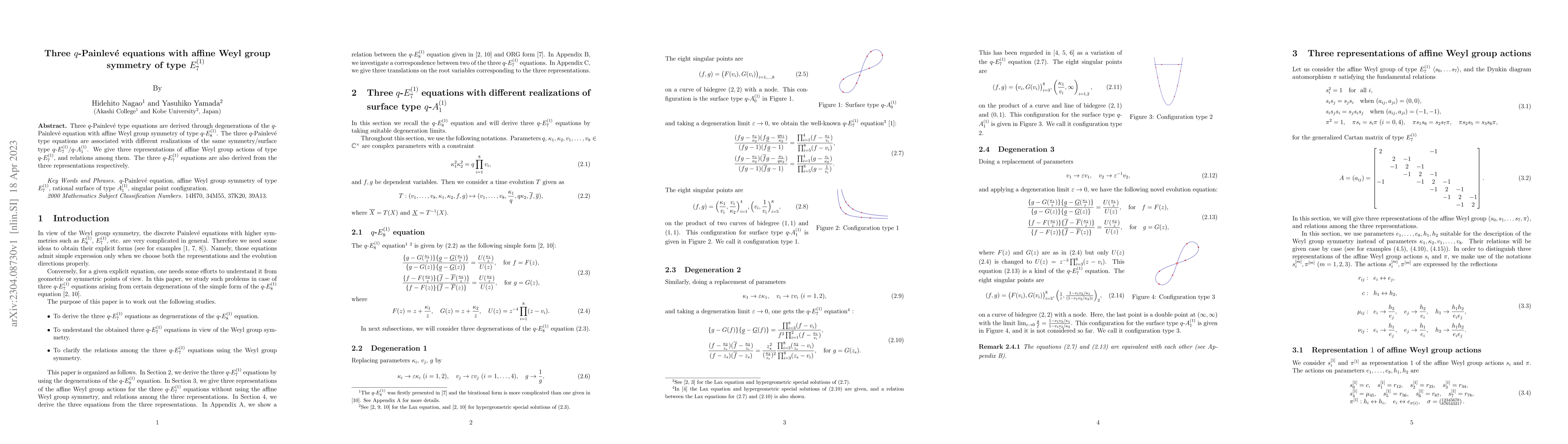 Thumbnail for Three $q$-Painlev\'e equations with affine Weyl group symmetry of type
  $E_7^{(1)}$