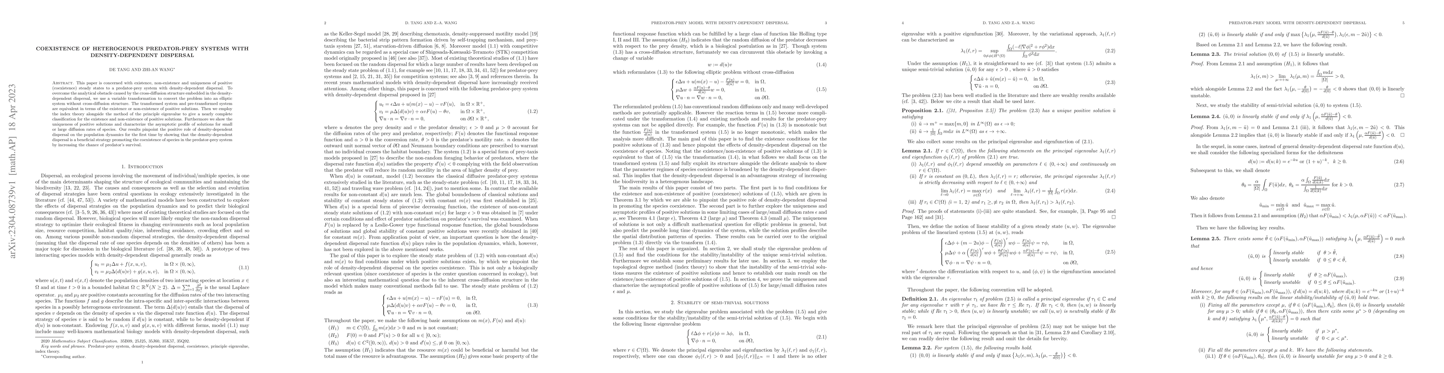 Thumbnail for Coexistence of heterogenous predator-prey systems with density-dependent
  dispersal