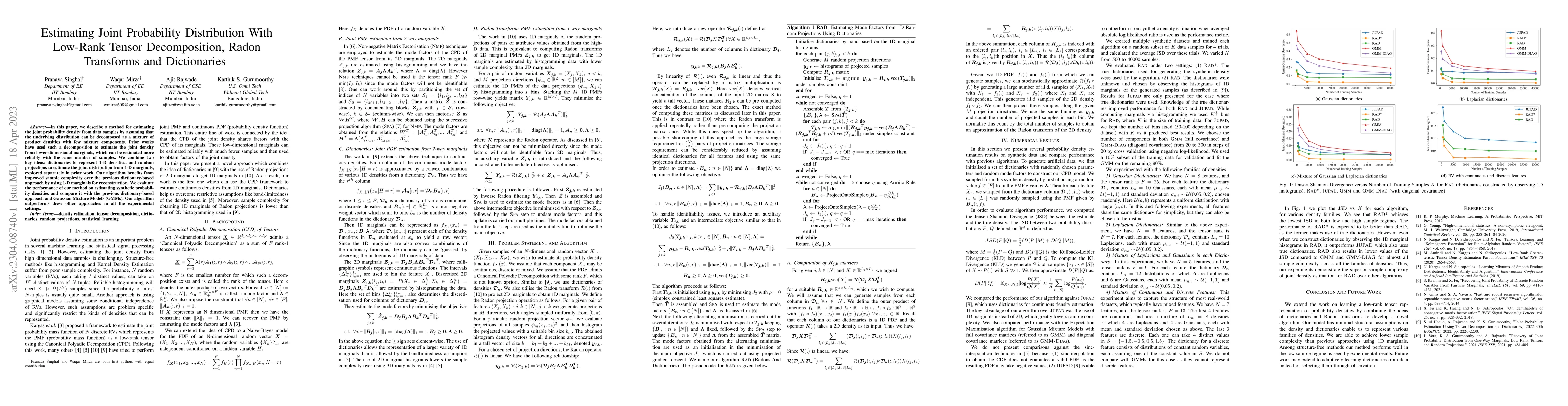 Thumbnail for Estimating Joint Probability Distribution With Low-Rank Tensor
  Decomposition, Radon Transforms and Dictionaries