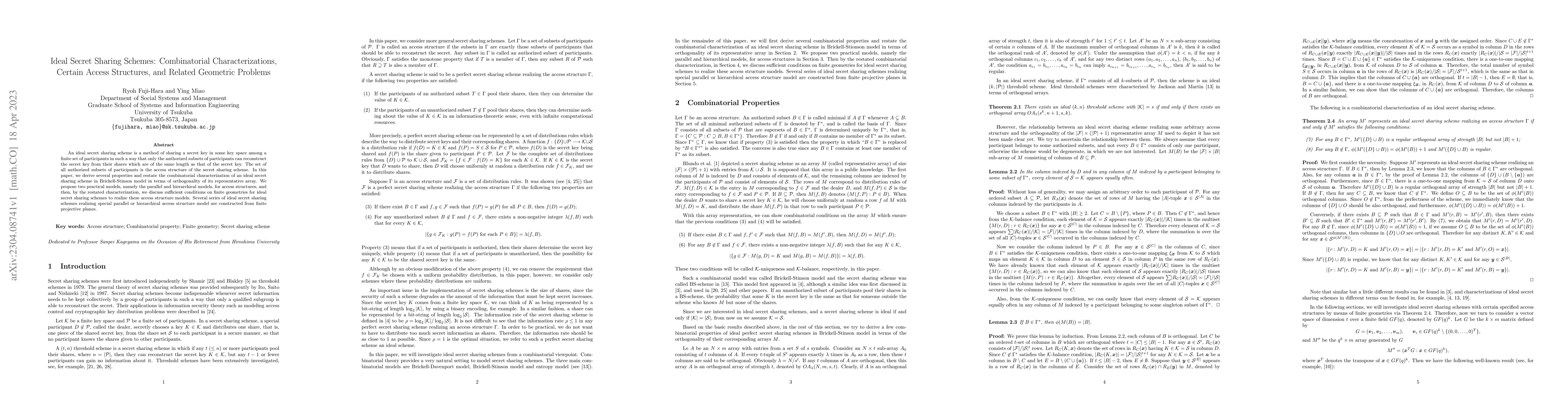 Thumbnail for Ideal Secret Sharing Schemes: Combinatorial Characterizations, Certain
  Access Structures, and Related Geometric Problems