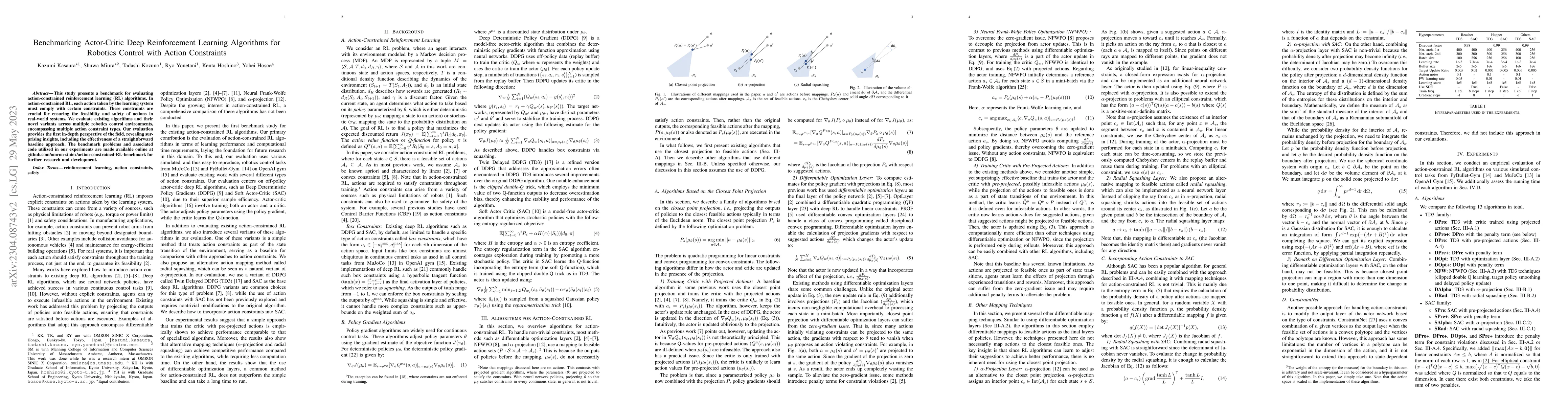 Thumbnail for Benchmarking Actor-Critic Deep Reinforcement Learning Algorithms for
  Robotics Control with Action Constraints