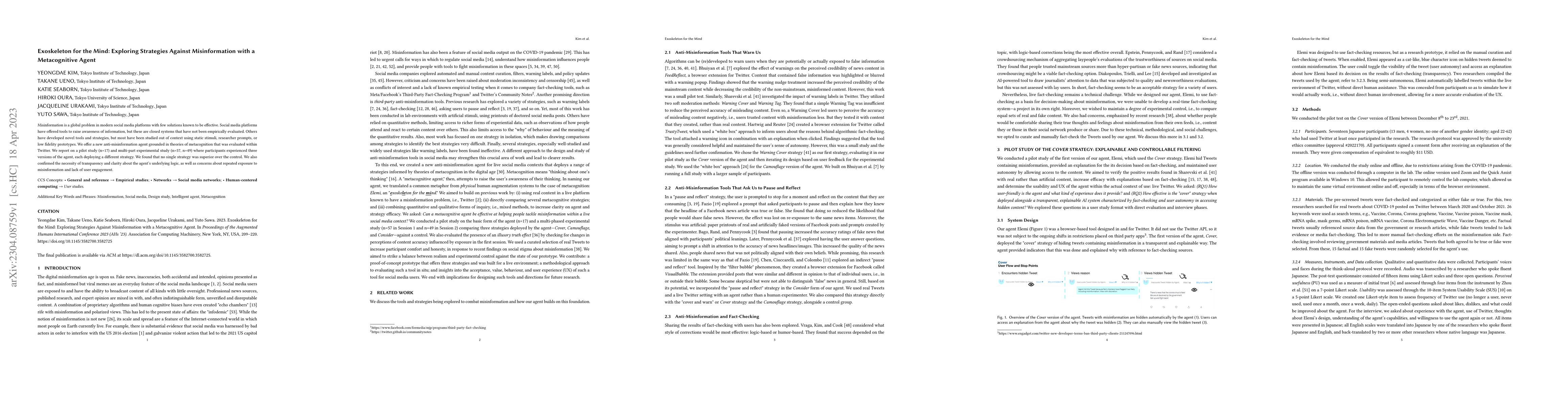 Thumbnail for Exoskeleton for the Mind: Exploring Strategies Against Misinformation
  with a Metacognitive Agent