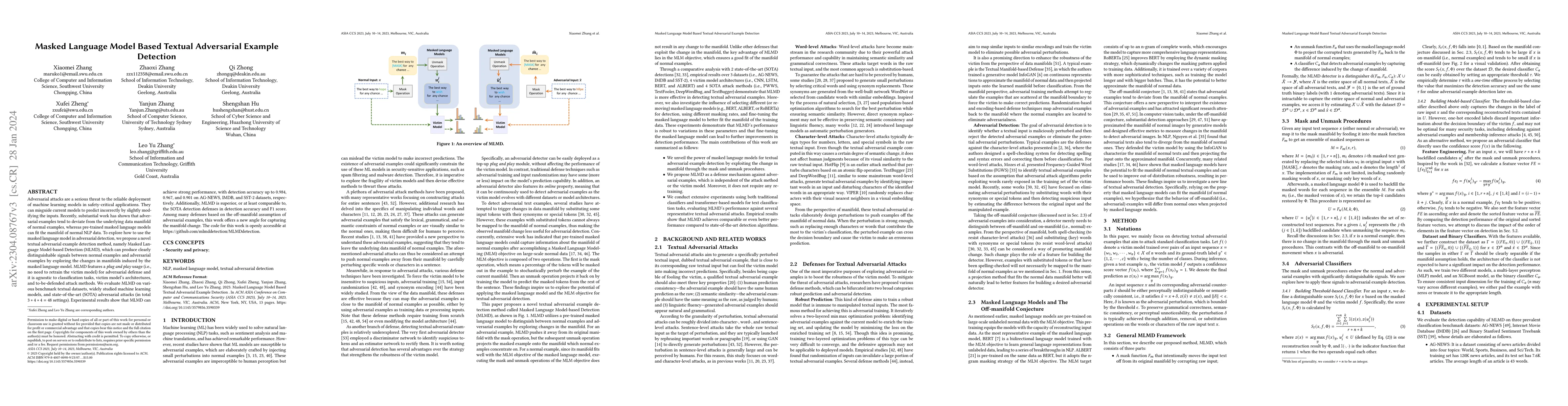 Thumbnail for Masked Language Model Based Textual Adversarial Example Detection