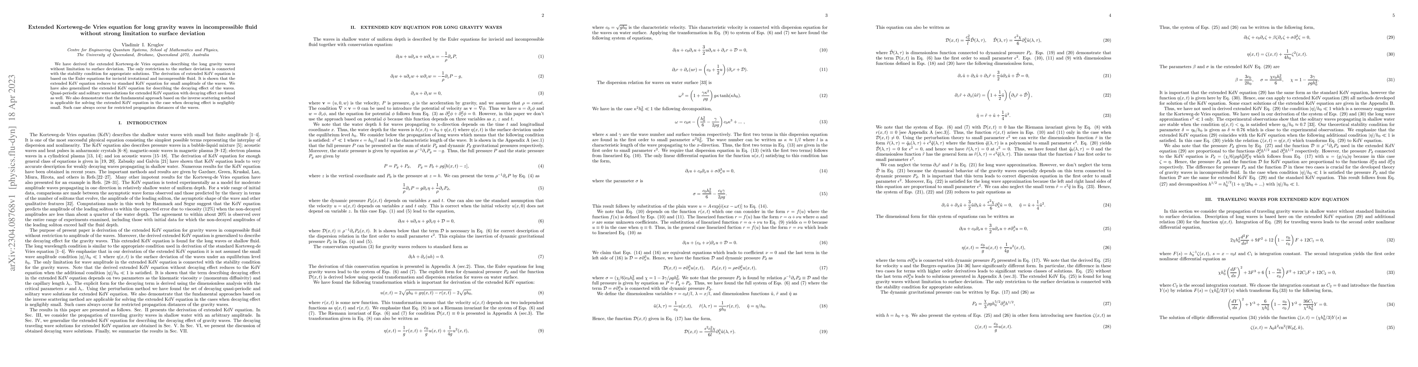 Thumbnail for Extended Korteweg-de Vries equation for long gravity waves in
  incompressible fluid without strong limitation to surface deviation