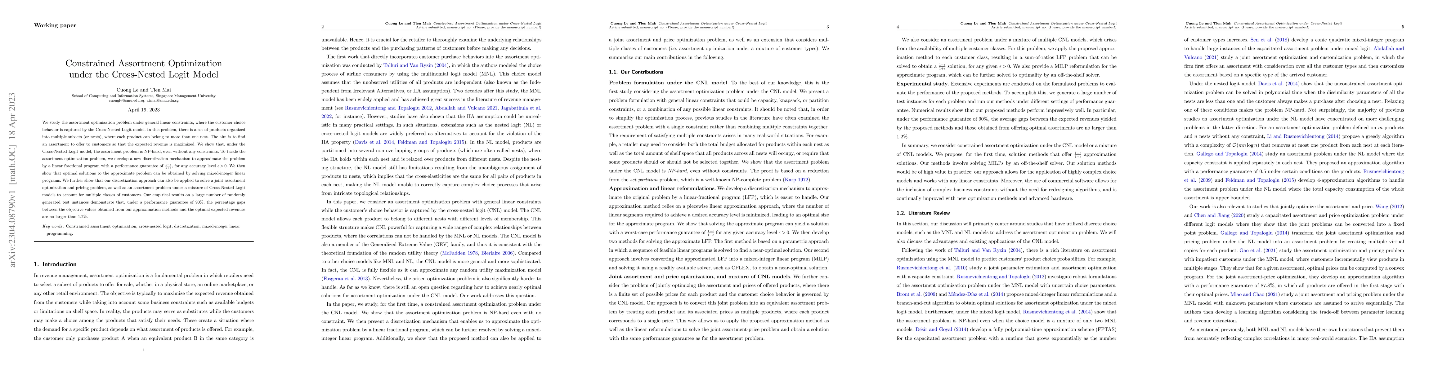 Thumbnail for Constrained Assortment Optimization under the Cross-Nested Logit Model