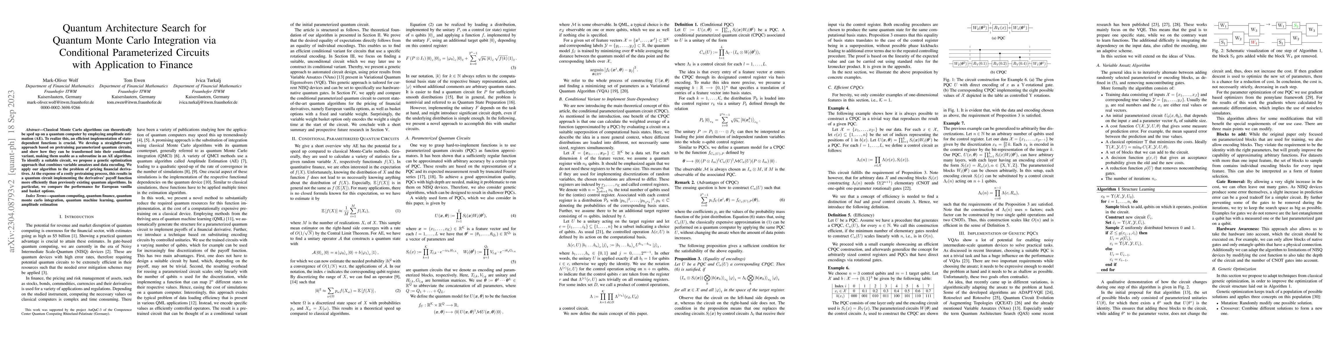 Thumbnail for Quantum Architecture Search for Quantum Monte Carlo Integration via
  Conditional Parameterized Circuits with Application to Finance