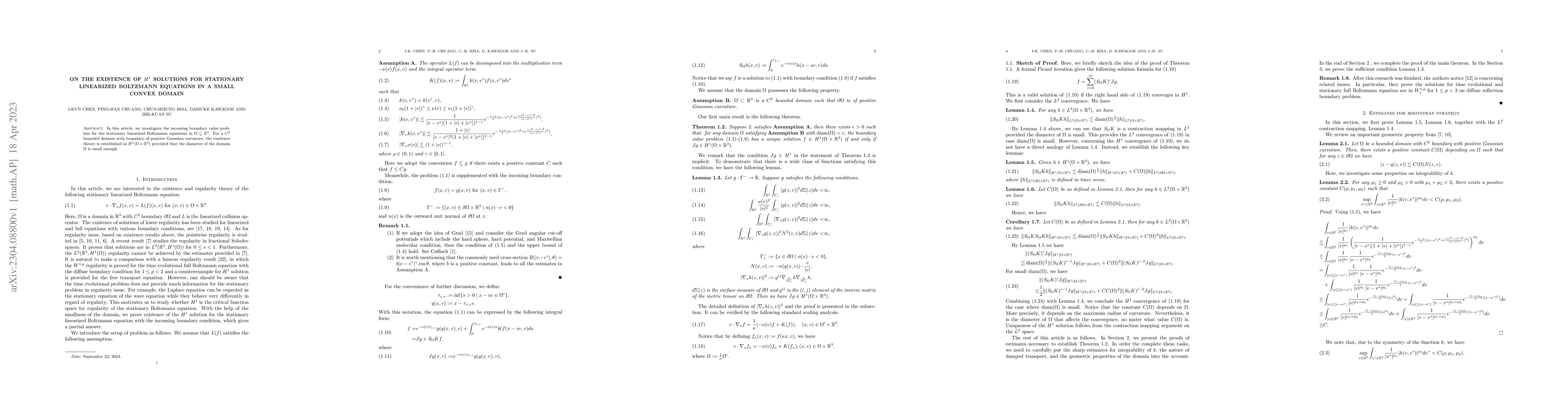 Thumbnail for On the Existence of $H^1$ solutions for Stationary Linearized Boltzmann
  Equations in a Small Convex Domain