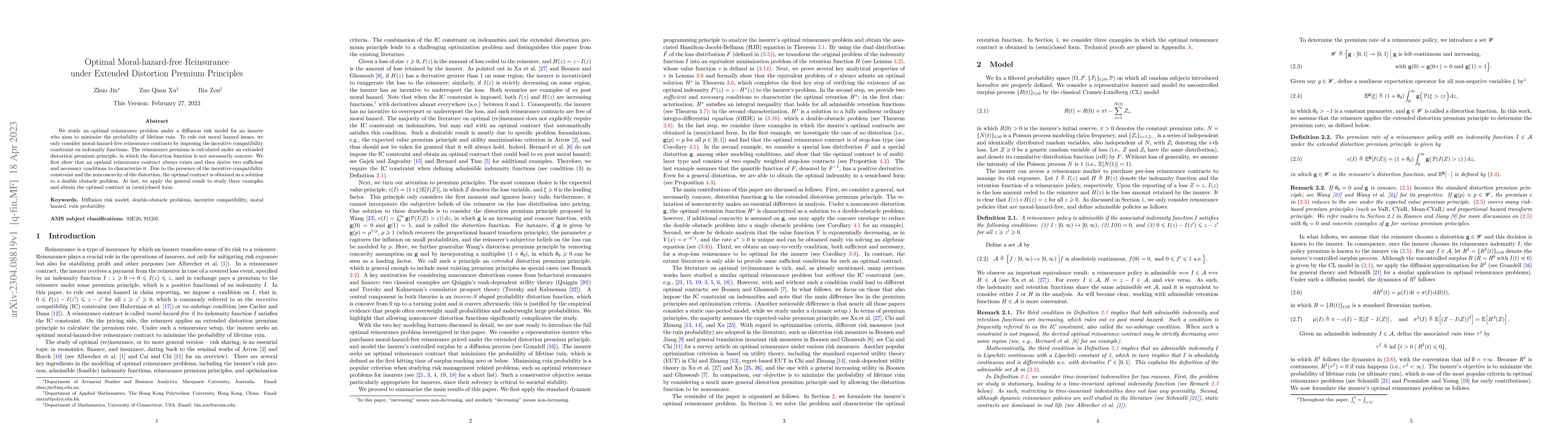 Thumbnail for Optimal moral-hazard-free reinsurance under extended distortion premium
  principles