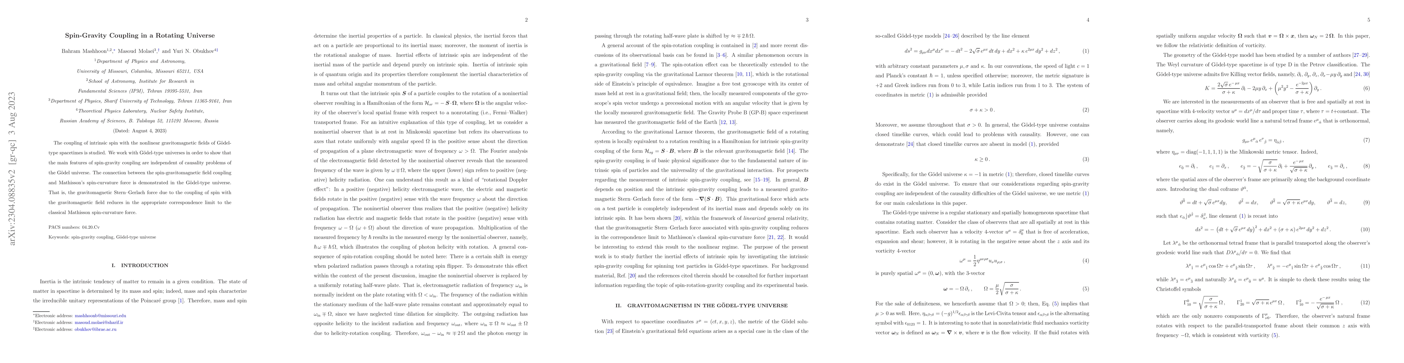 Thumbnail for Spin-Gravity Coupling in a Rotating Universe
