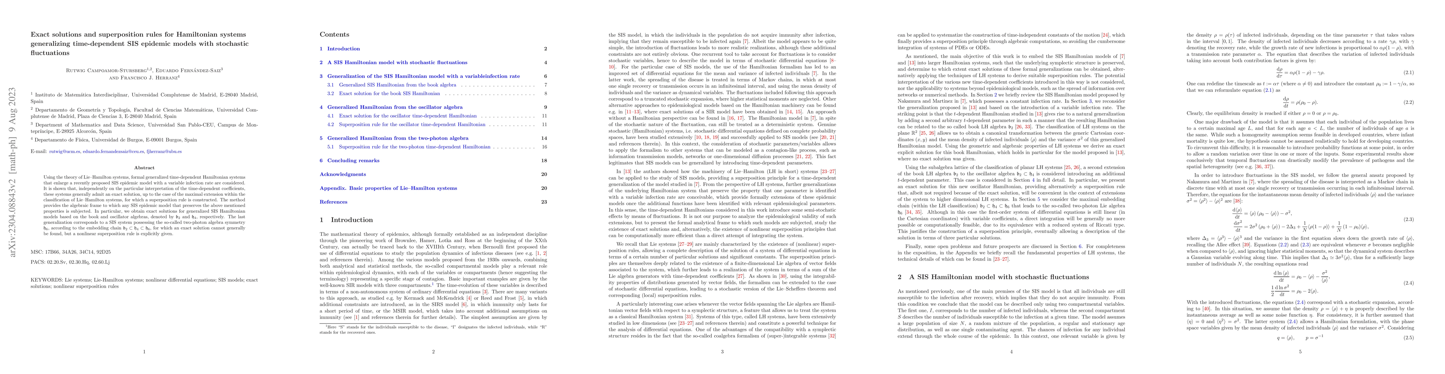 Thumbnail for Exact solutions and superposition rules for Hamiltonian systems
  generalizing time-dependent SIS epidemic models with stochastic fluctuations