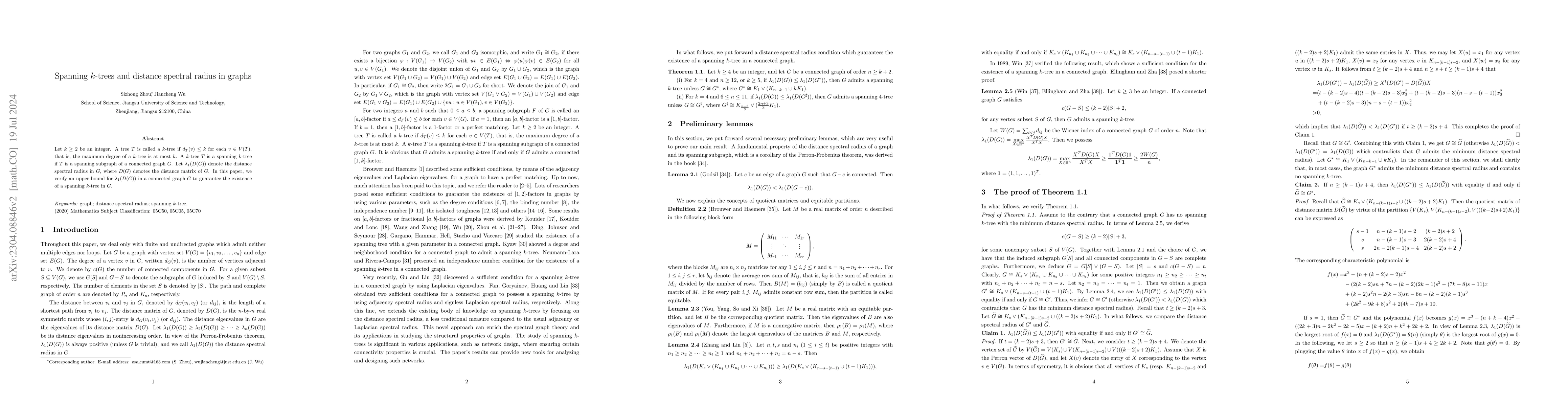 Thumbnail for Spanning k-trees and distance spectral radius in graphs